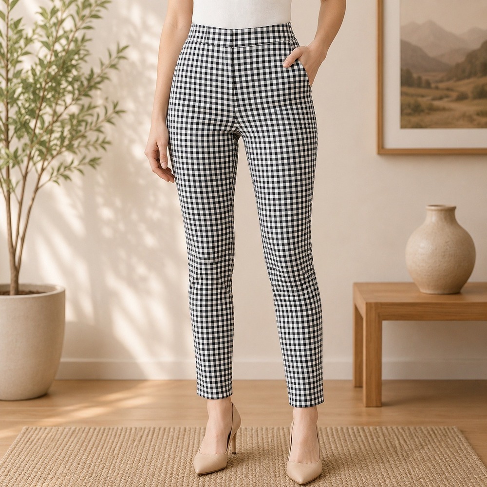 Atelier Luxe Boutique Pants‎ Womens 10 Black White Gingham Side Zip Slim Leg